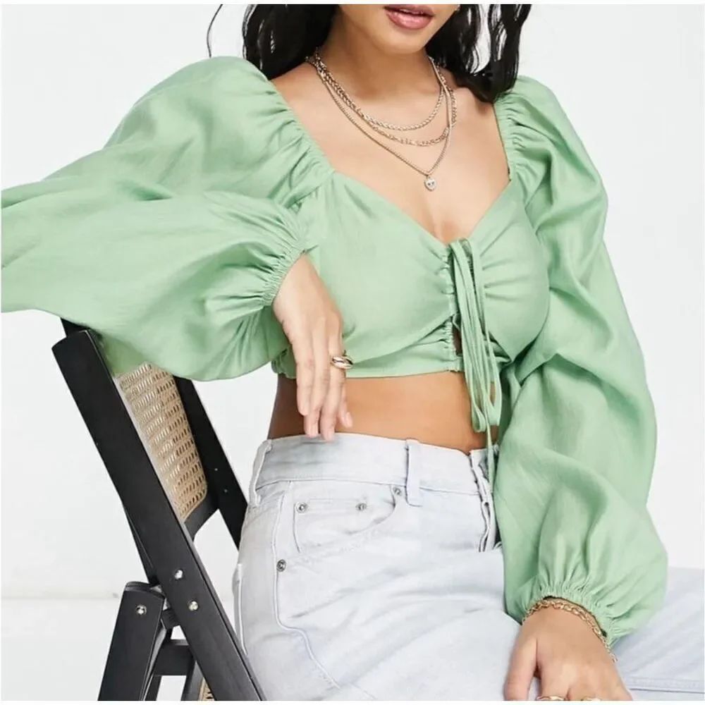 Topshop Ruched Cut Out Balloon Sleeve Top in Green Size 14 Nwt